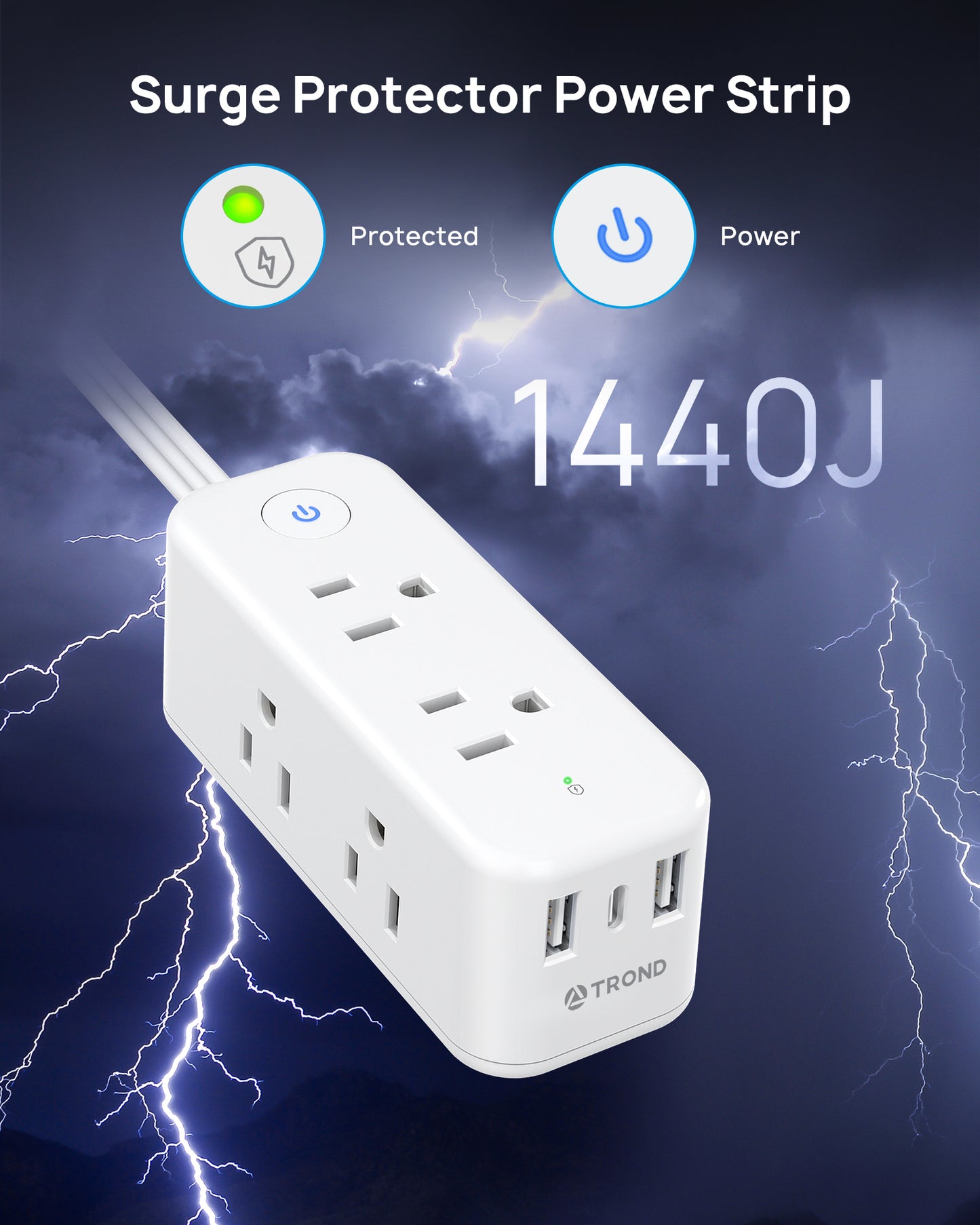 360° Rotating Flat Plug Power Strip, 6 Widely Spaced Outlets