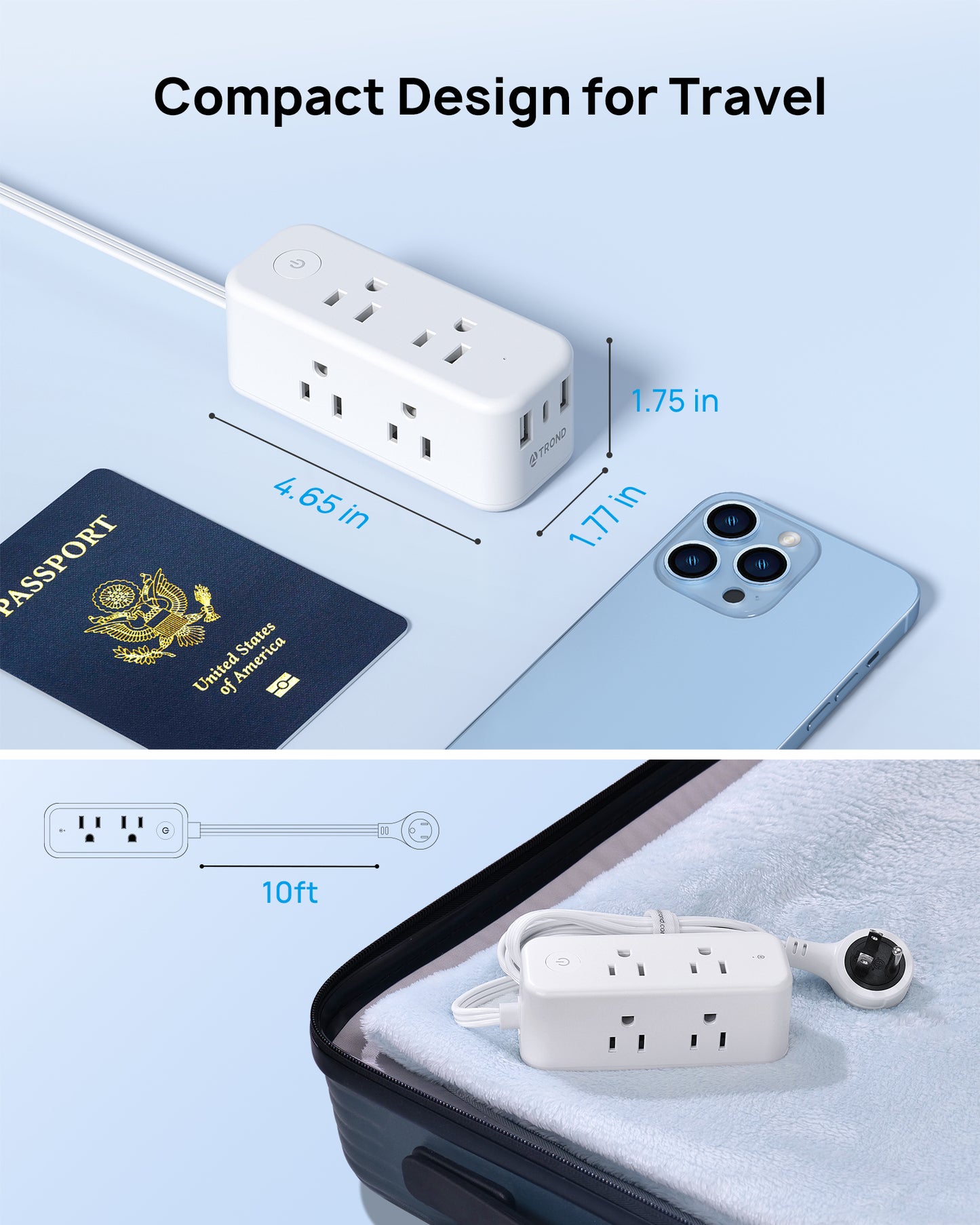 360° Rotating Flat Plug Power Strip, 6 Widely Spaced Outlets