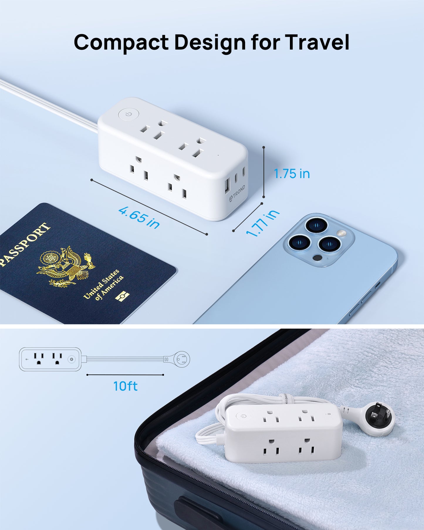 360° Rotating Flat Plug Power Strip, 6 Widely Spaced Outlets with 2 USB-C Ports