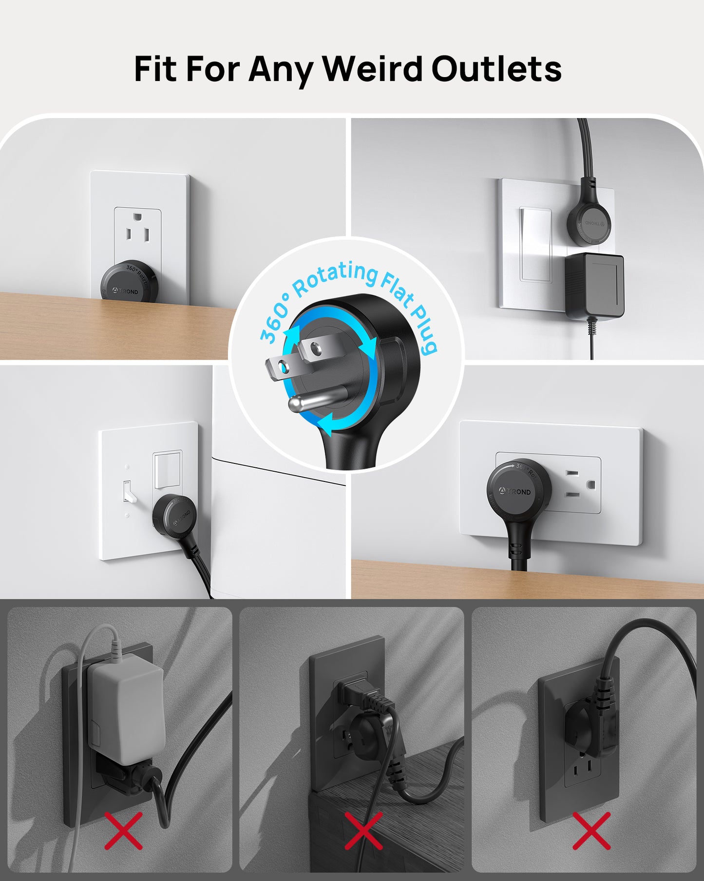 TROND Power Strip with 360° Rotating Flat Plug, Flat Extension Cord 10ft with USB-C PD20W
