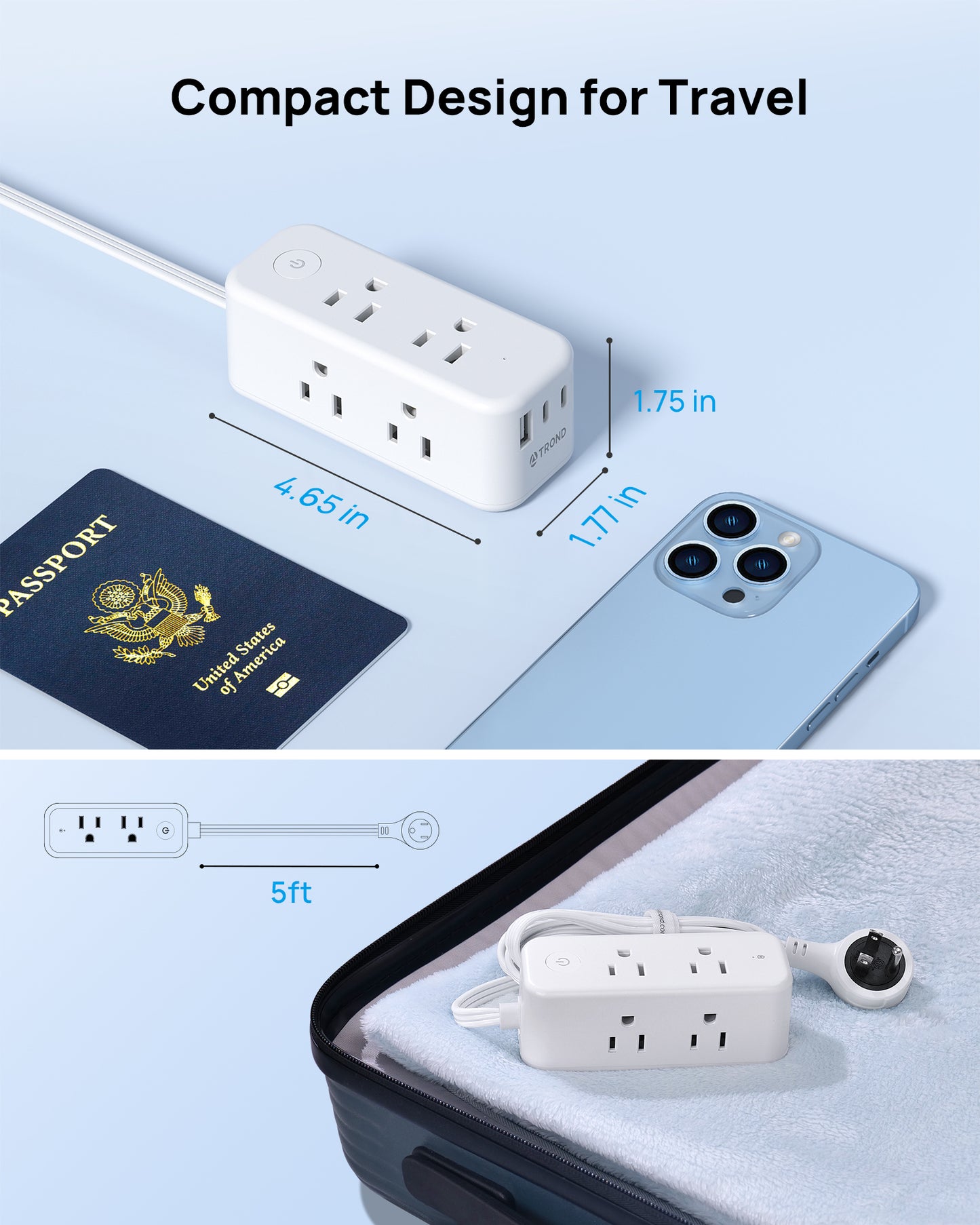 360° Rotating Flat Plug Power Strip, 6 Widely Spaced Outlets with 2 USB-C Ports