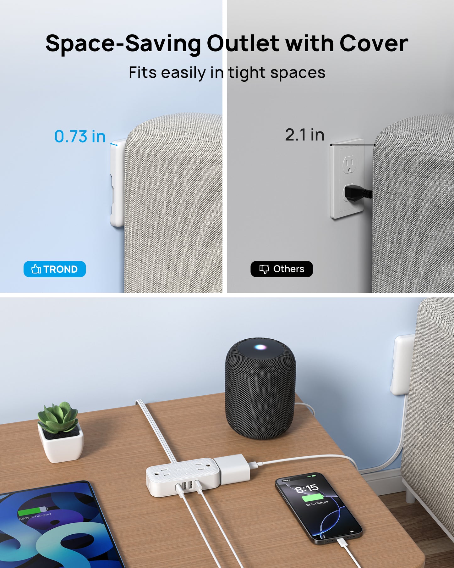 Flat Plug Power Strip with Outlet Cover
