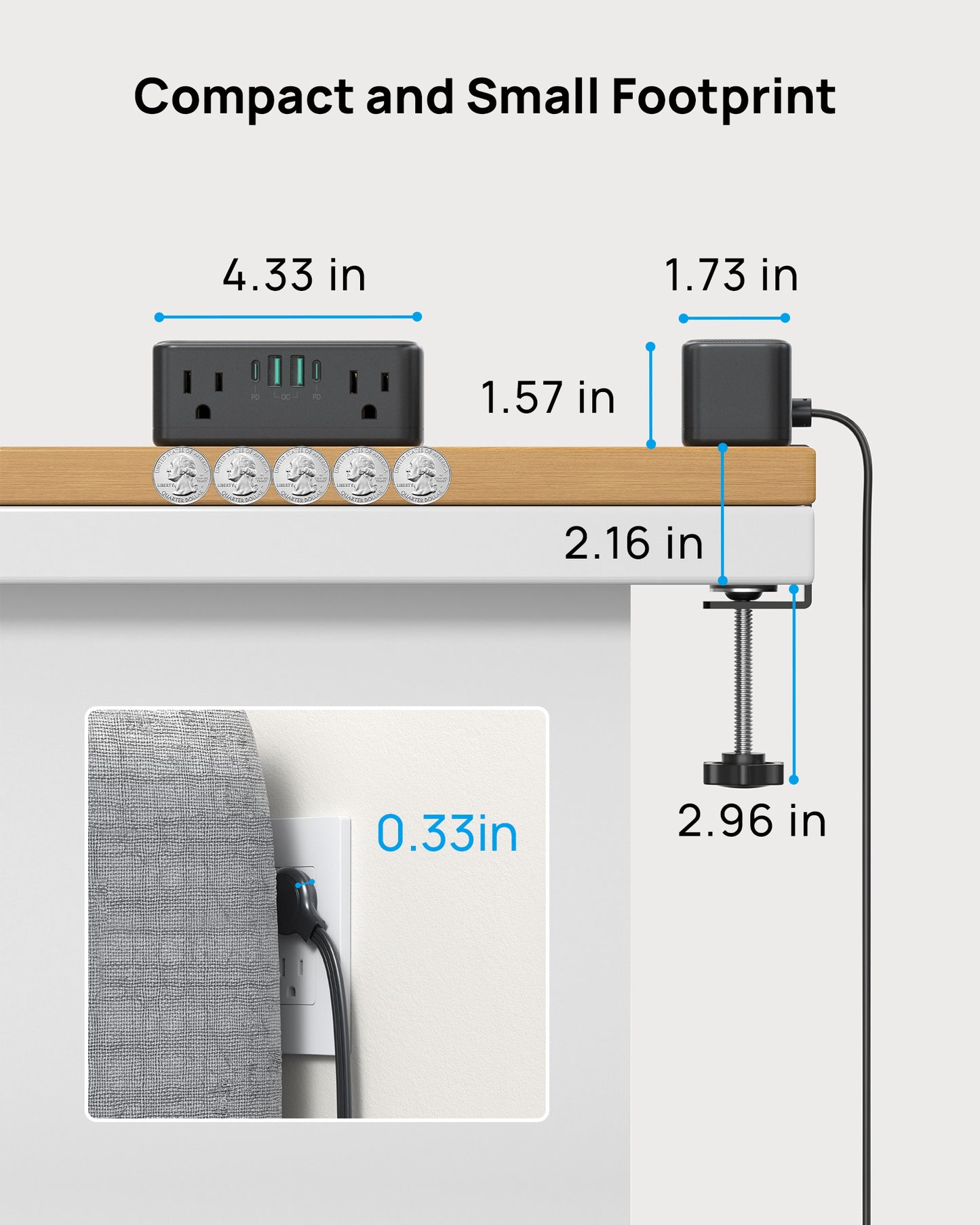 Small Footprint Desk Clamp Power Strip with USB C PD 20W 10ft