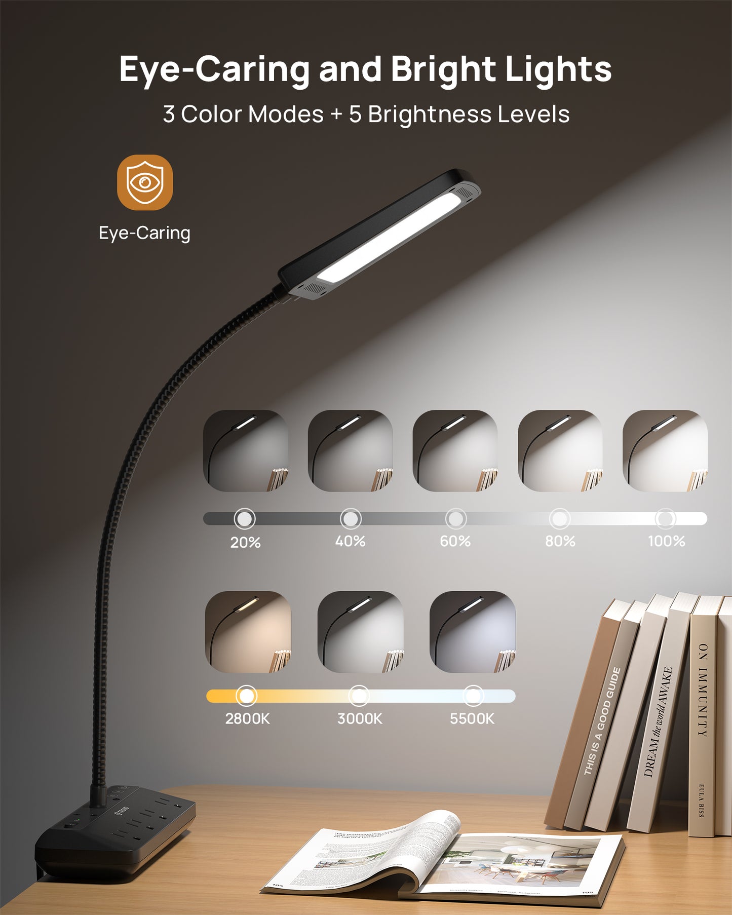 LED Desk Lamp with Clamp Power Strip
