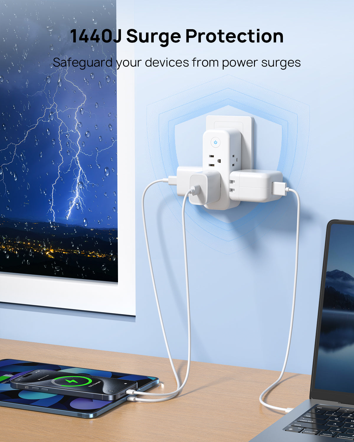 Outlet Extender Surge Protector, 6 AC Outlet Splitter with 360° Rotating Plug