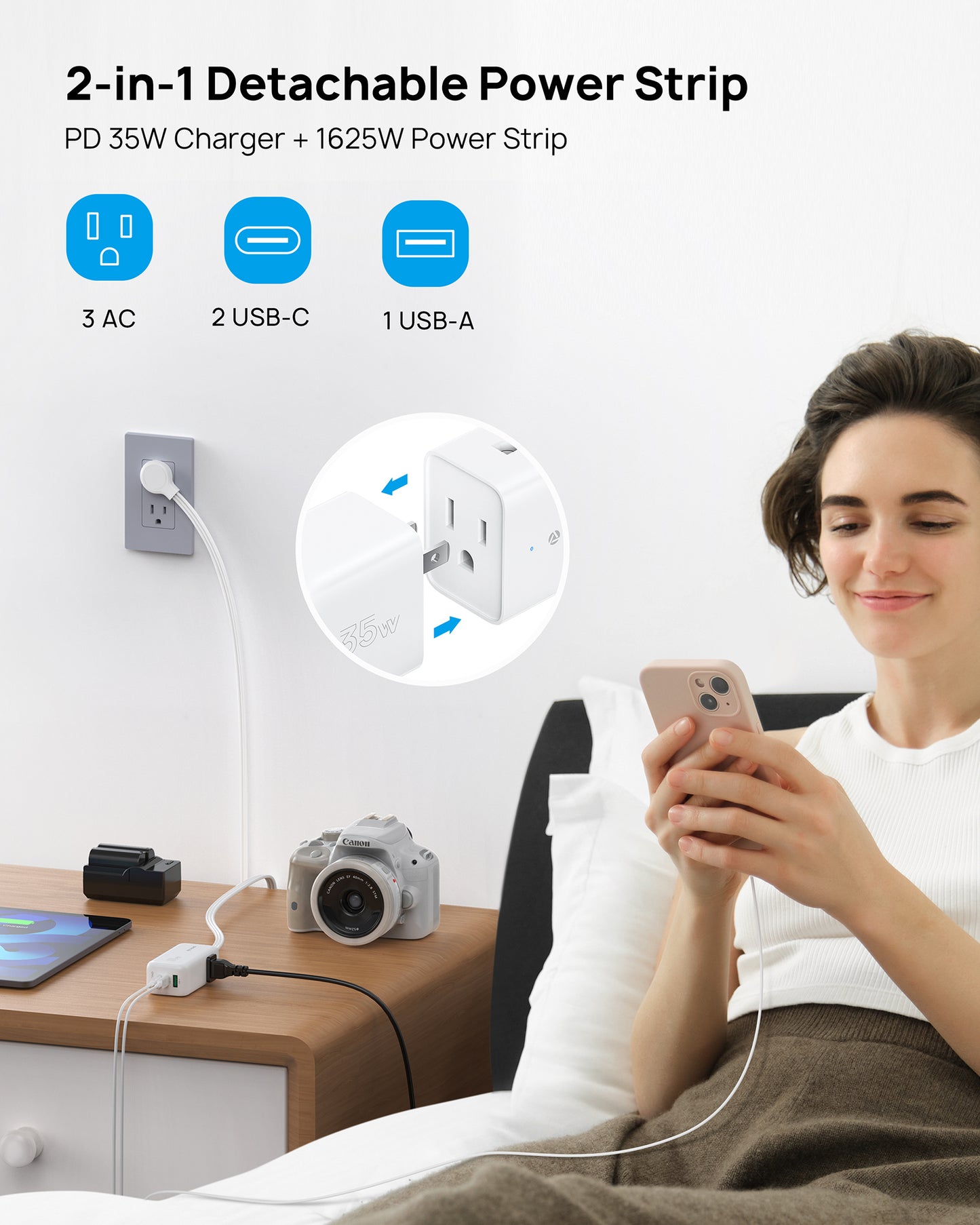 Travel Power Strip, 2-in-1 Detachable Portable Charging Station with 3 AC Outlets