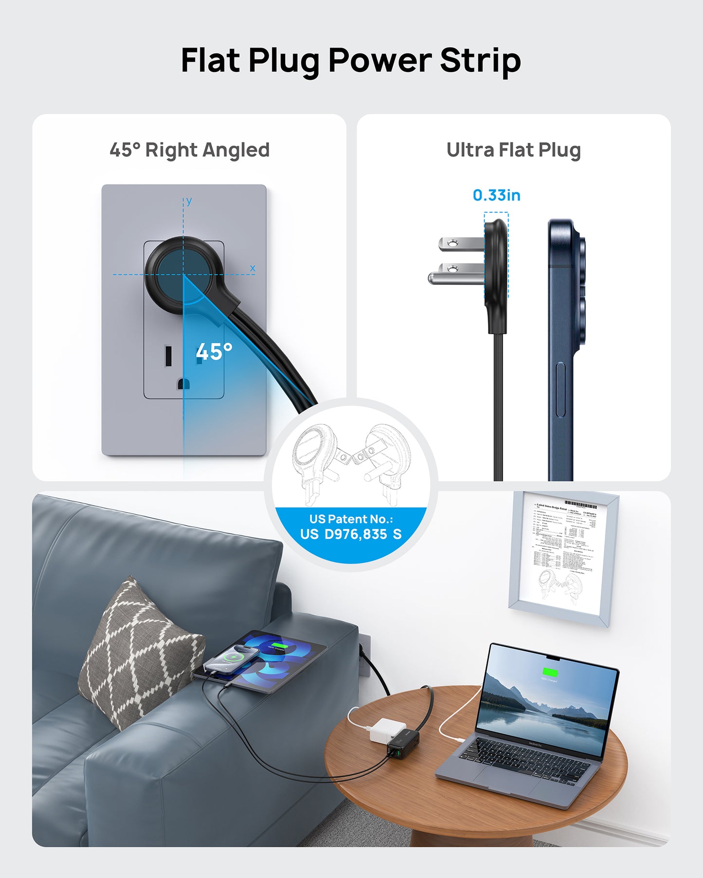 Travel Power Strip, 2-in-1 Detachable Portable Charging Station with 3 AC Outlets