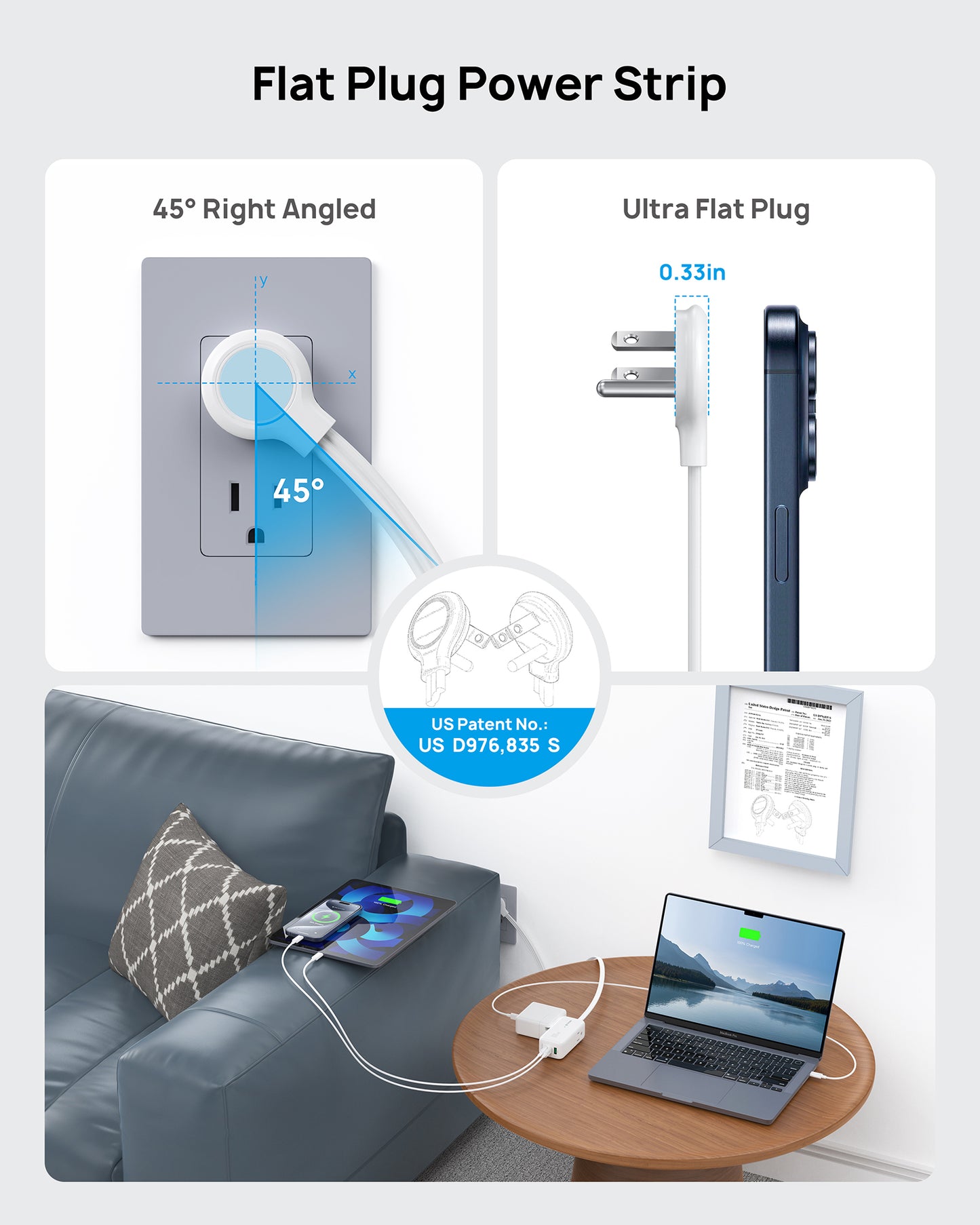 Travel Power Strip, 2-in-1 Detachable Portable Charging Station with 3 AC Outlets