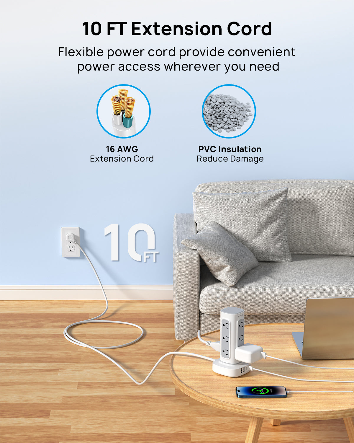 Power Strip Surge Protector Tower, Flat Plug Extension Cord with 12 Multiple Outlets