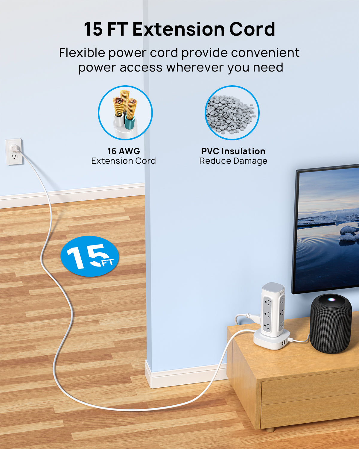Power Strip Surge Protector Tower, Flat Plug Extension Cord with 12 Multiple Outlets