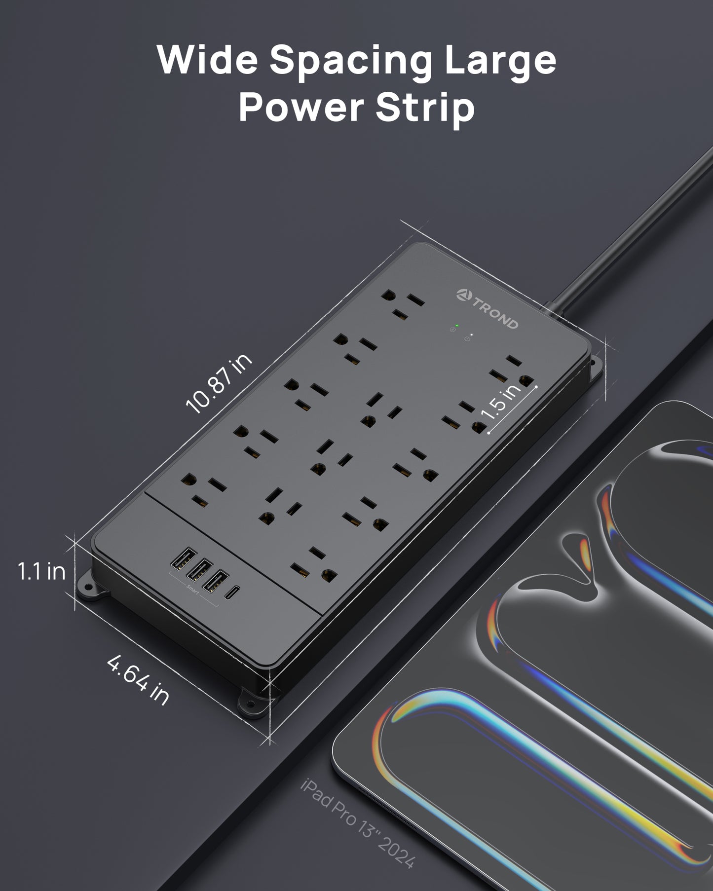Surge Protector Power Strip, 360° Rotating Flat Plug, 13AC Widely Spaced Outlets