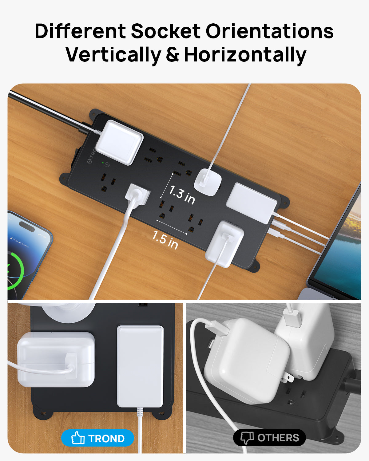 360° Rotating Flat Plug Power Strip, 10AC Outlets, 4000 Joules