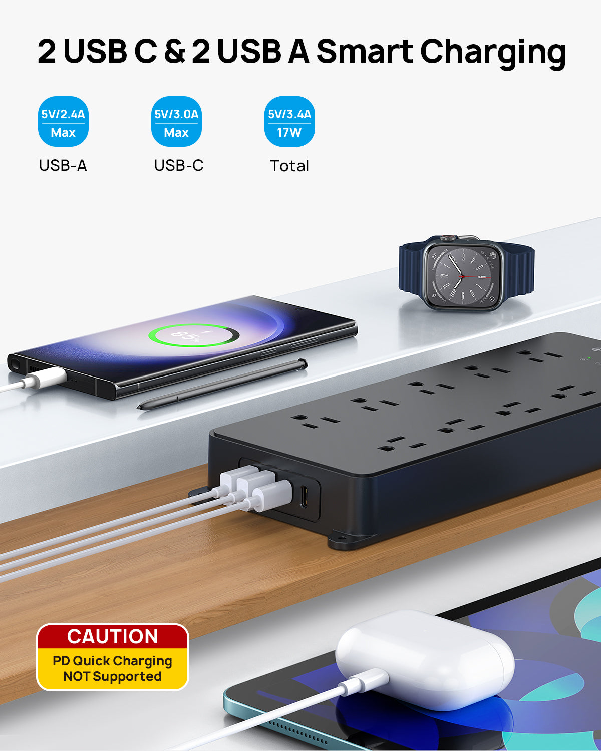 360° Rotating Flat Plug Power Strip, 10AC Outlets, 4000 Joules