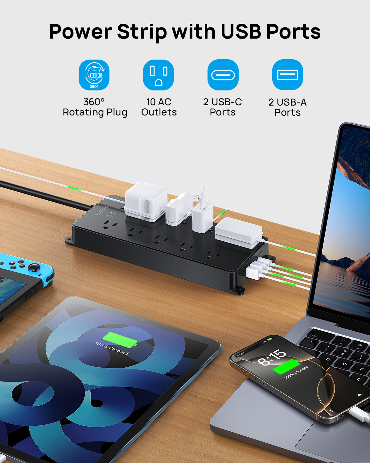 360° Rotating Flat Plug Power Strip, 10AC Outlets, 4000 Joules