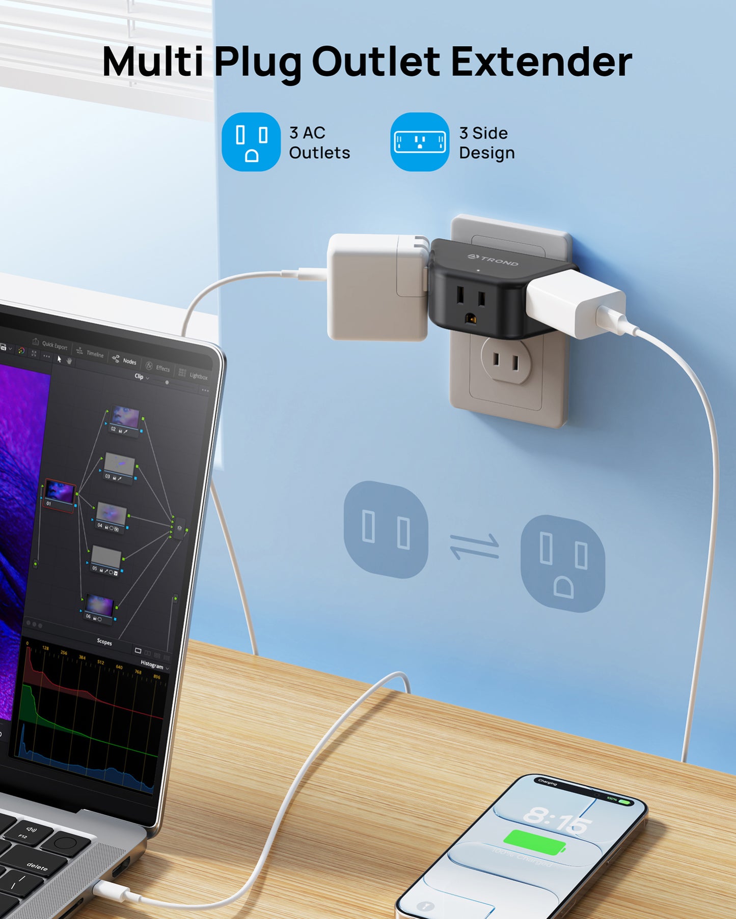 2 to 3 Prong Outlet Adapter 2 Pack, 3-Way Angled Plug Extender with 3 AC Sockets
