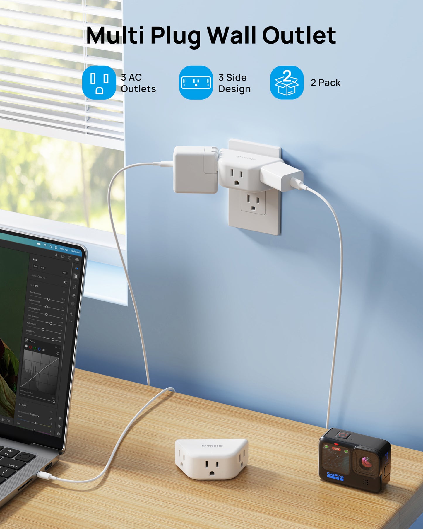 Multi Plug Outlet Extender 2 Pack - TROND Electrical Wall Outlet Splitter