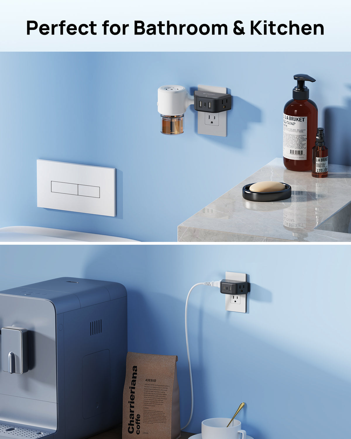 TROND Black Outlet Extender with USB, 2 AC Sockets and 3 USB Ports