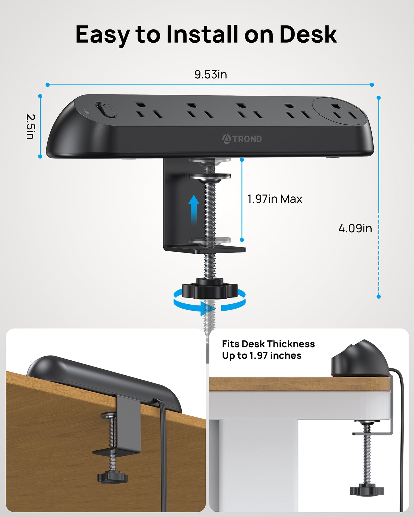 Desk Clamp Power Strip - Flat Plug Power Strip with 5AC Outlets
