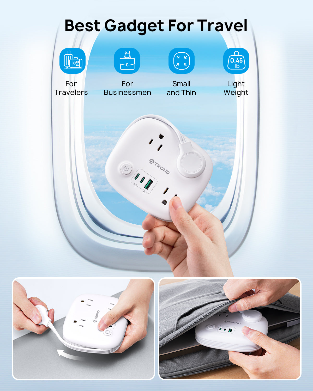 Travel Power Strip with USB C, Flat Plug Extension Cord with 3 Outlets 3 USB (2 USB C)