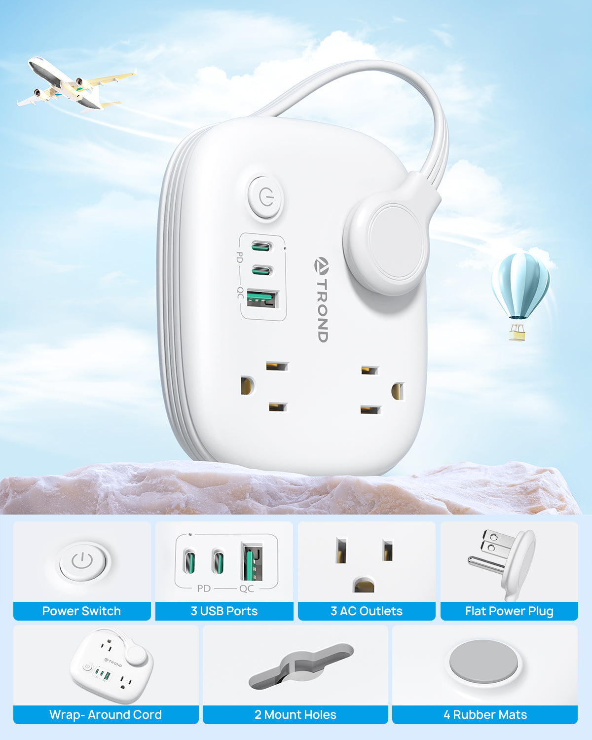 Travel Power Strip with USB C, Flat Plug Extension Cord with 3 Outlets 3 USB (2 USB C)