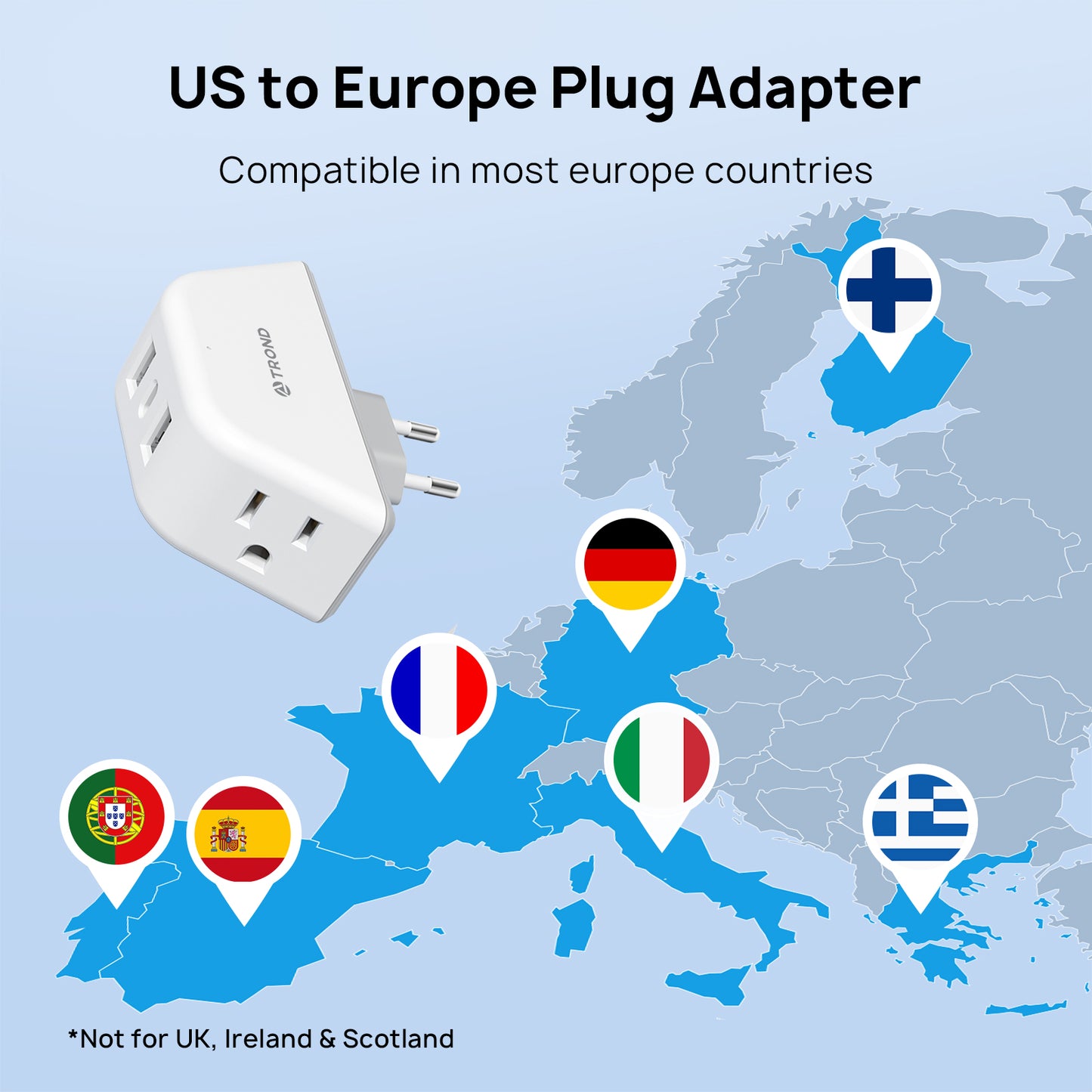 European Travel Plug Adapter 2 Pack - TROND US to Europe Power Adaptor