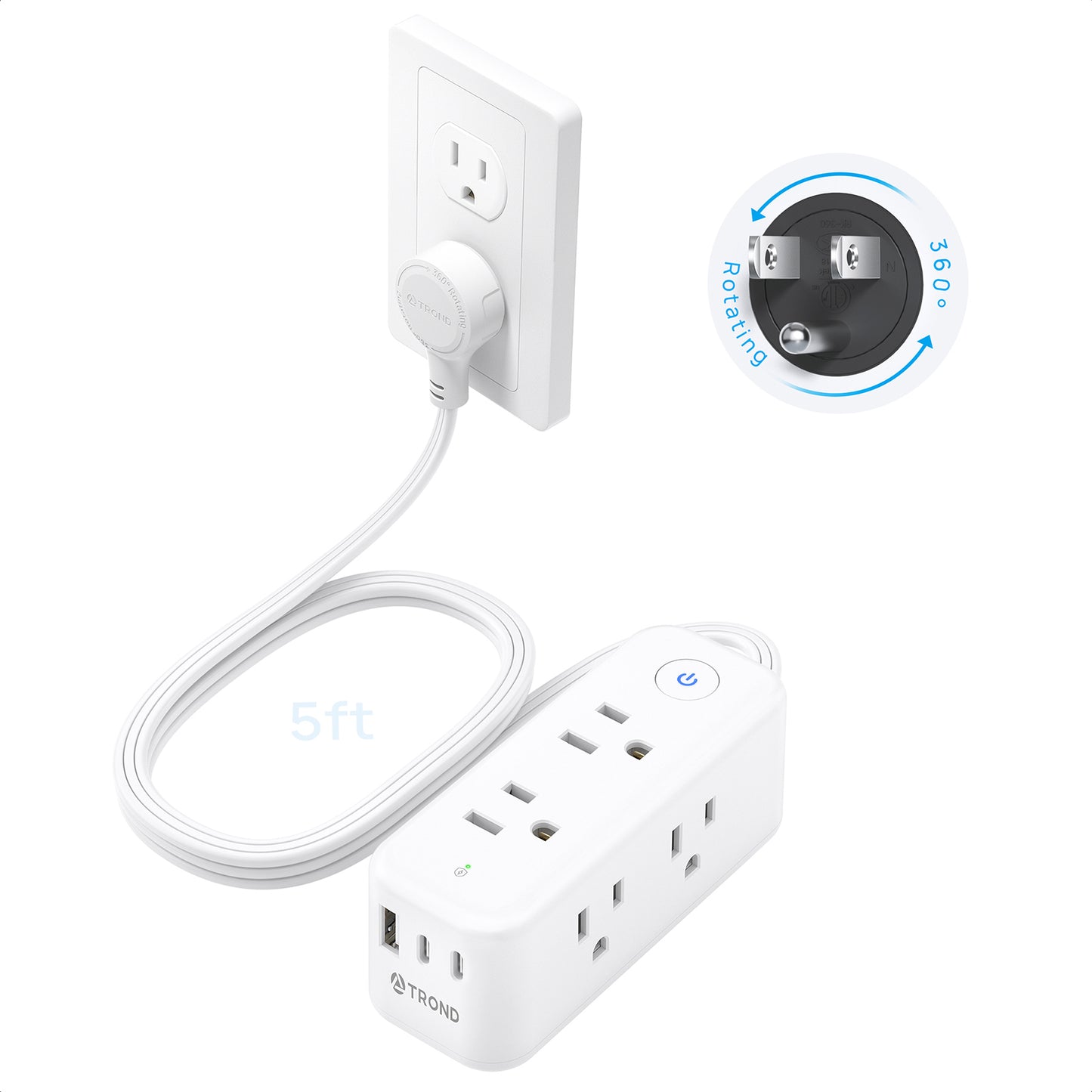 360° Rotating Flat Plug Power Strip, 6 Widely Spaced Outlets with 2 USB-C Ports