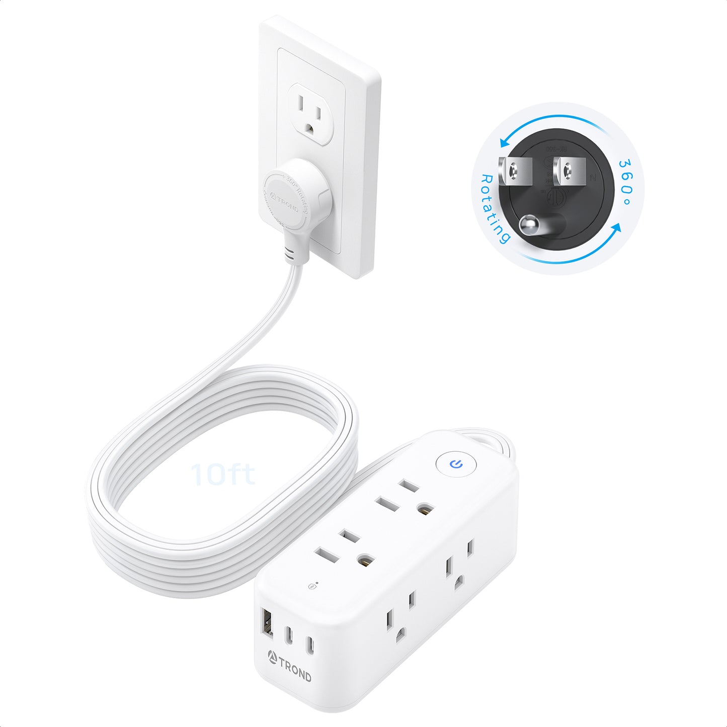360° Rotating Flat Plug Power Strip, 6 Widely Spaced Outlets with 2 USB-C Ports