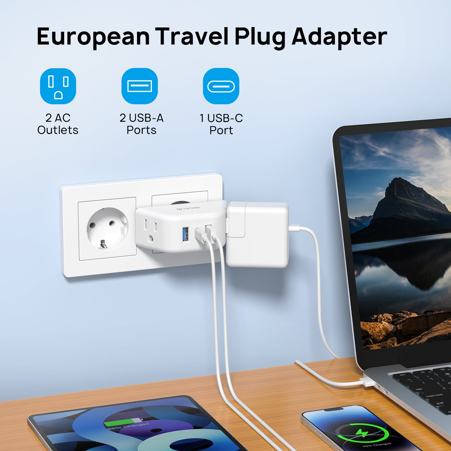 European Travel Plug Adapter 2 Pack - TROND US to Europe Power Adaptor