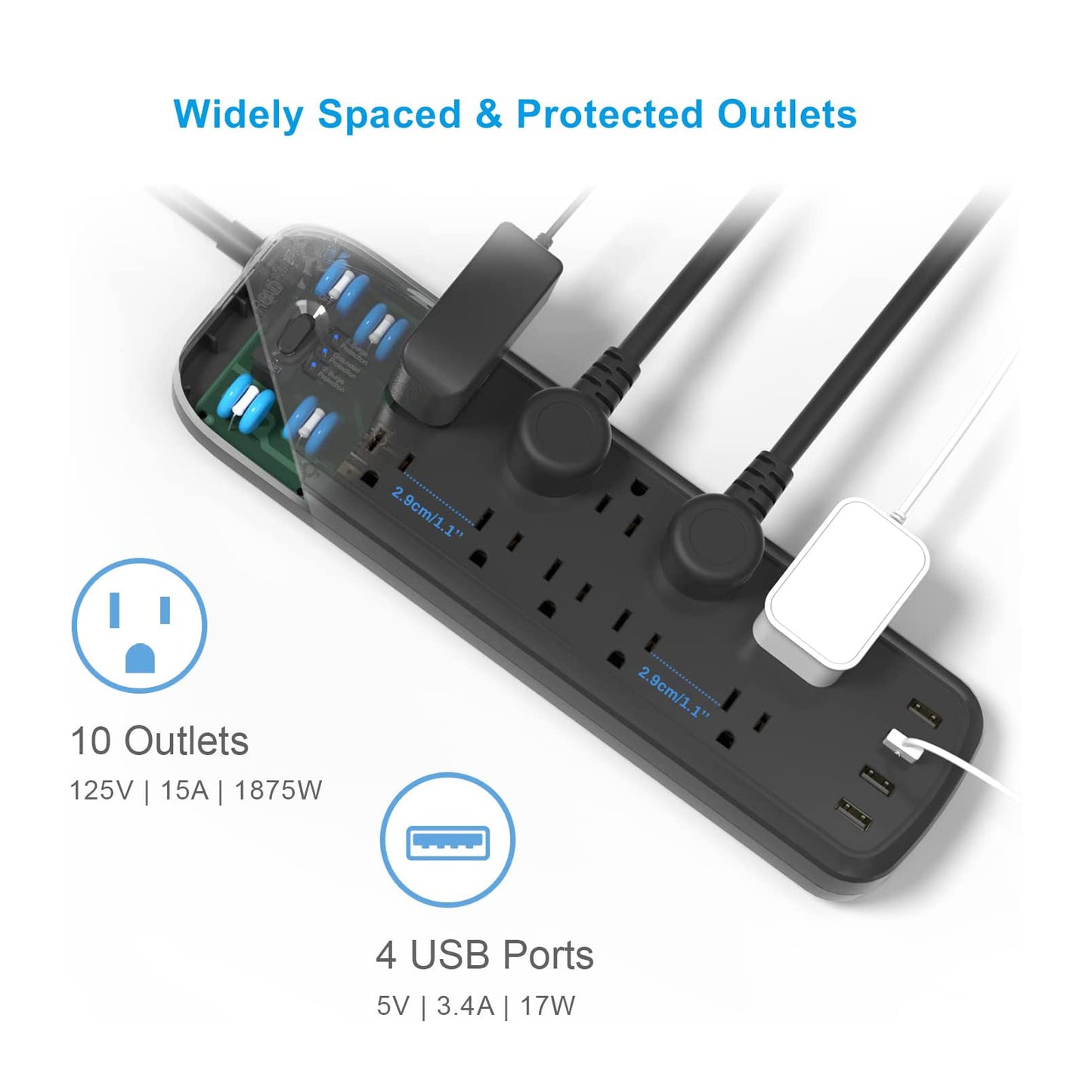 10AC & 4 USB Power Strip Surge Protector 6ft Long Extension Cord