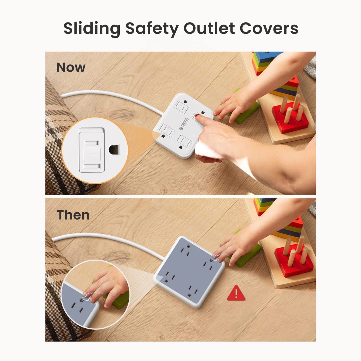 Flat Plug Extension Cord with 4 Child Safety Slide Outlet Covers