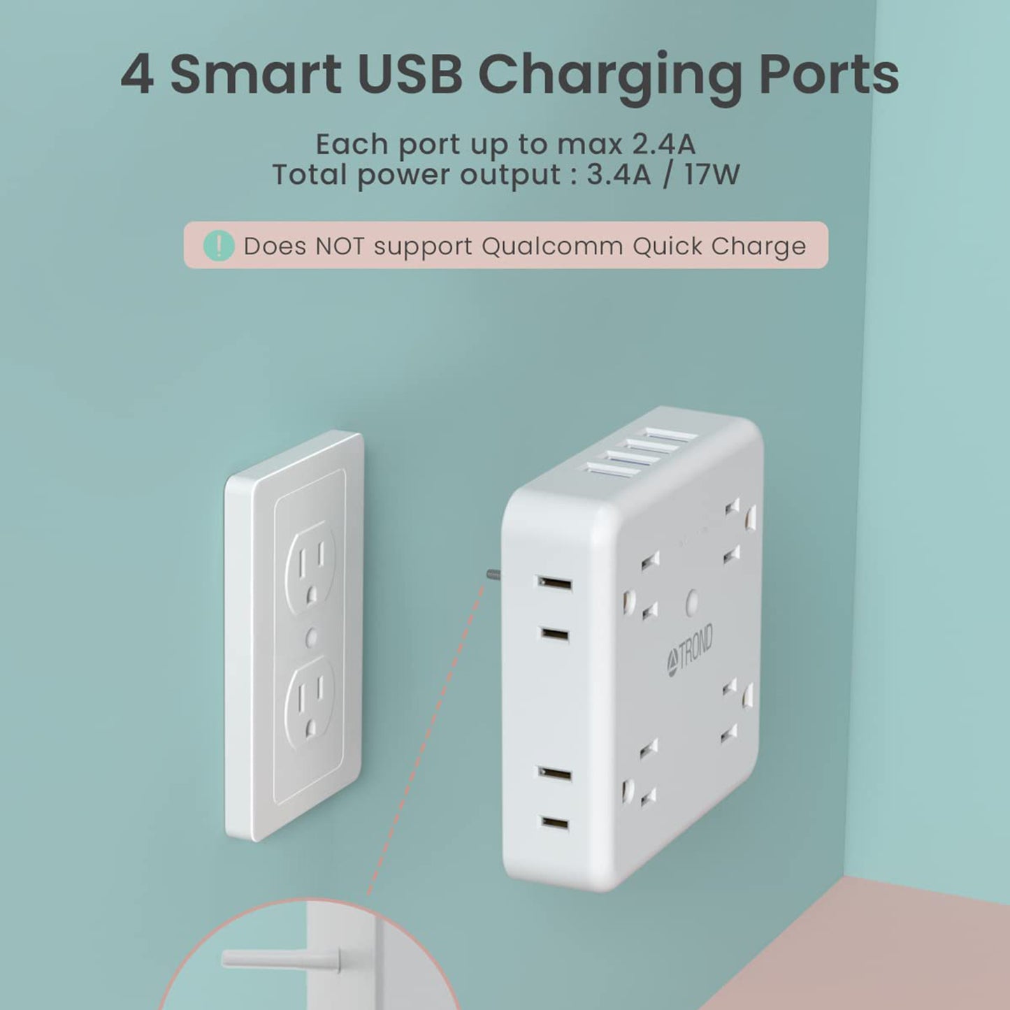 Multi Plug Outlet Extender - 8 Widely Spaced Outlet Splitter, 4 USB Wall Charger, 1440J Surge Protection