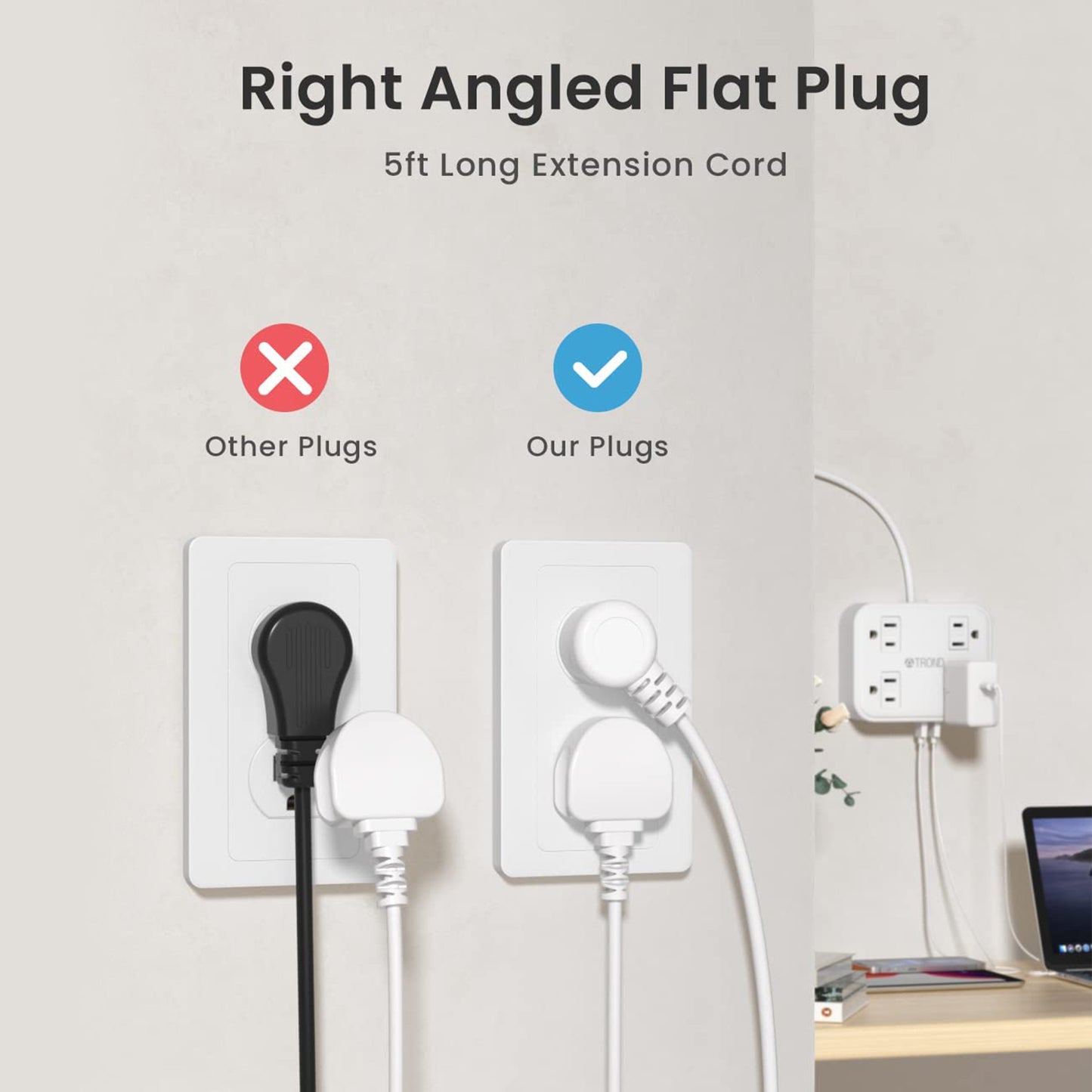 Flat Plug Extension Cord with 4 Child Safety Slide Outlet Covers