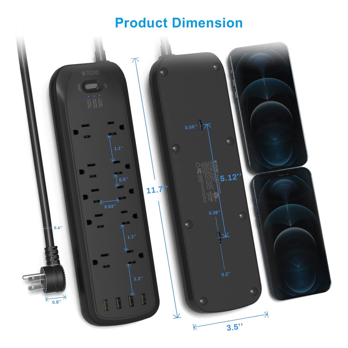 10AC & 4 USB Power Strip Surge Protector 6ft Long Extension Cord