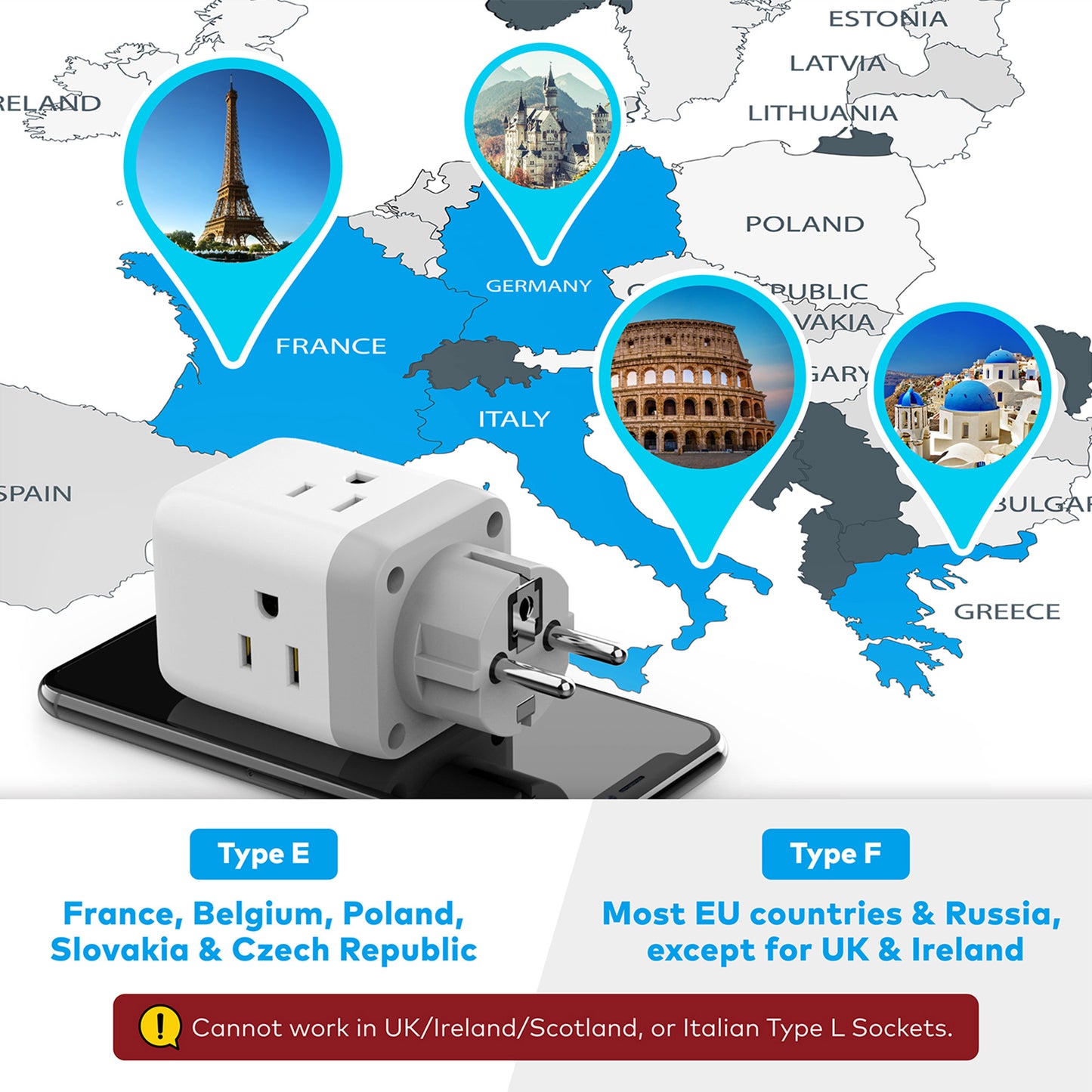 Travel Plug Adapter for US to France Germany