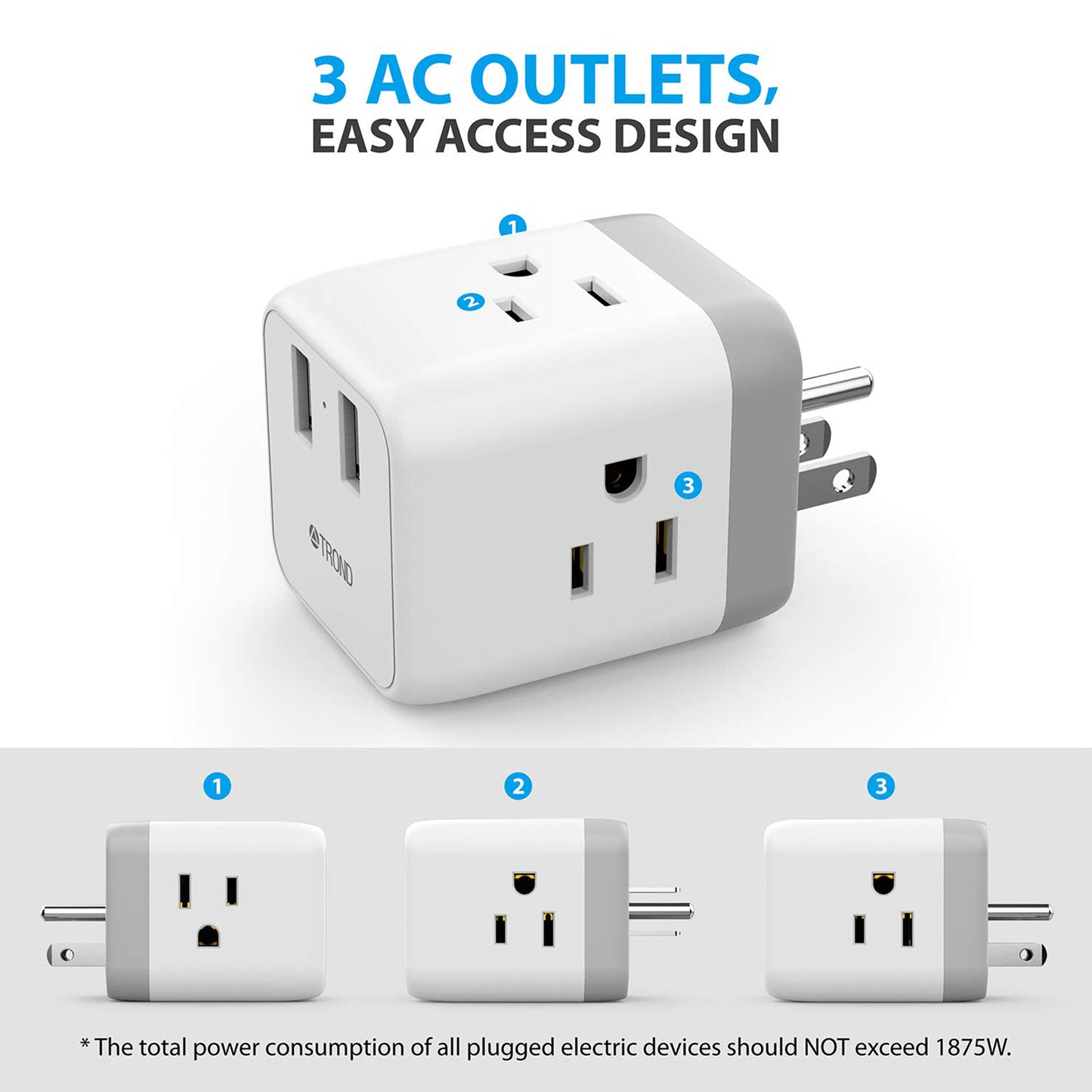 3-Outlet Wall Tap w/ 2 USB Ports, 2-Pack