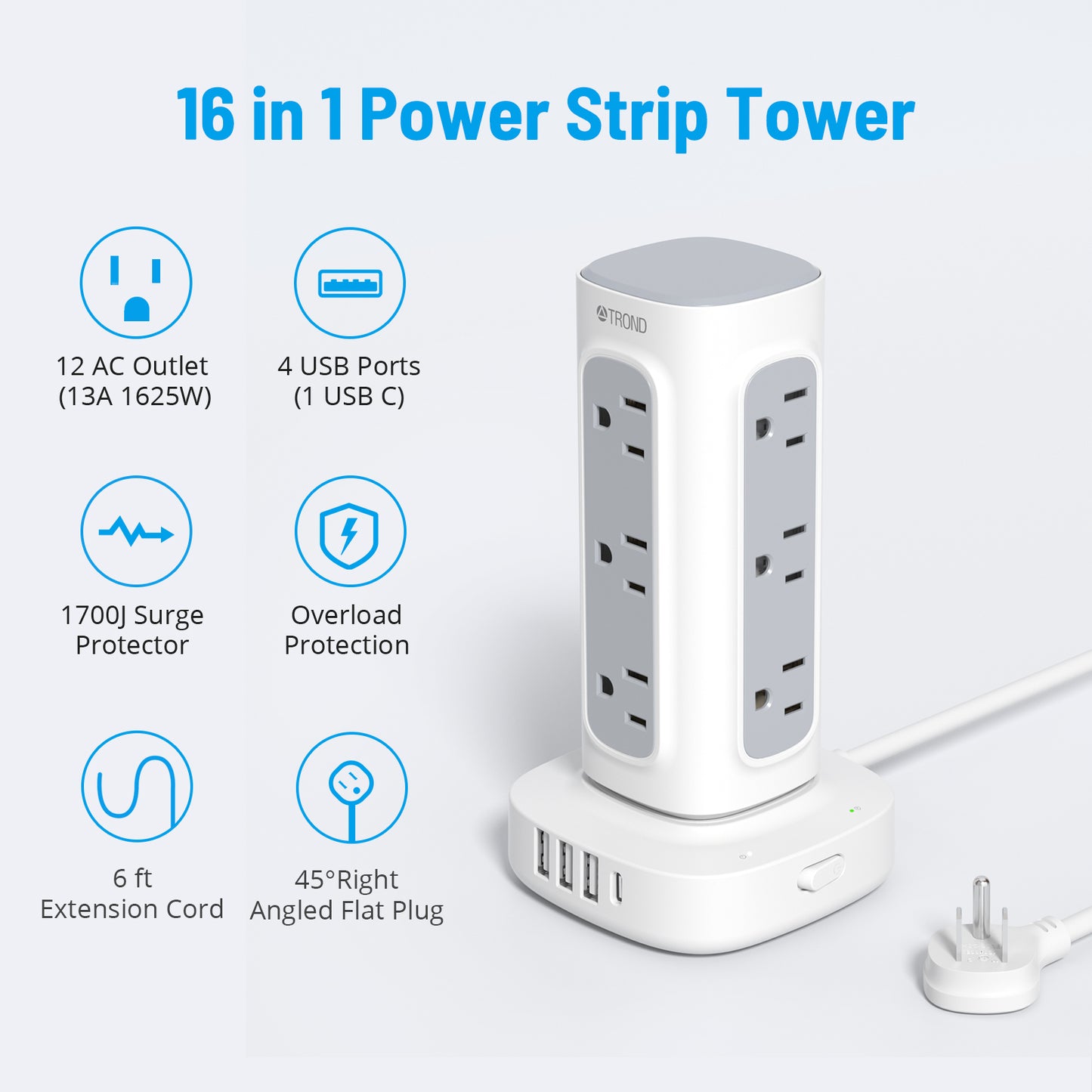Power Strip Surge Protector Tower, Flat Plug Extension Cord with 12 Multiple Outlets