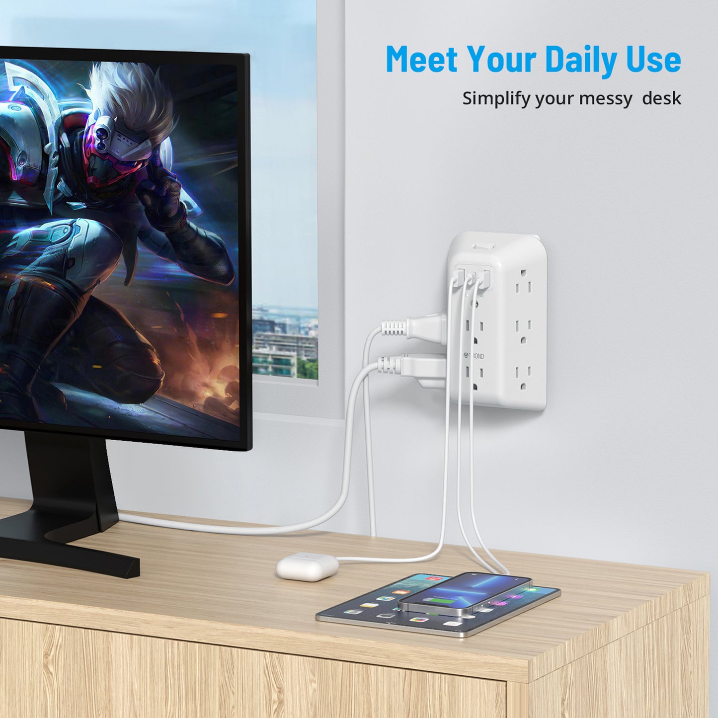 USB Wall Charger Surge Protector Power Strip, 8 Outlet Extender, 3 USB Charging Ports