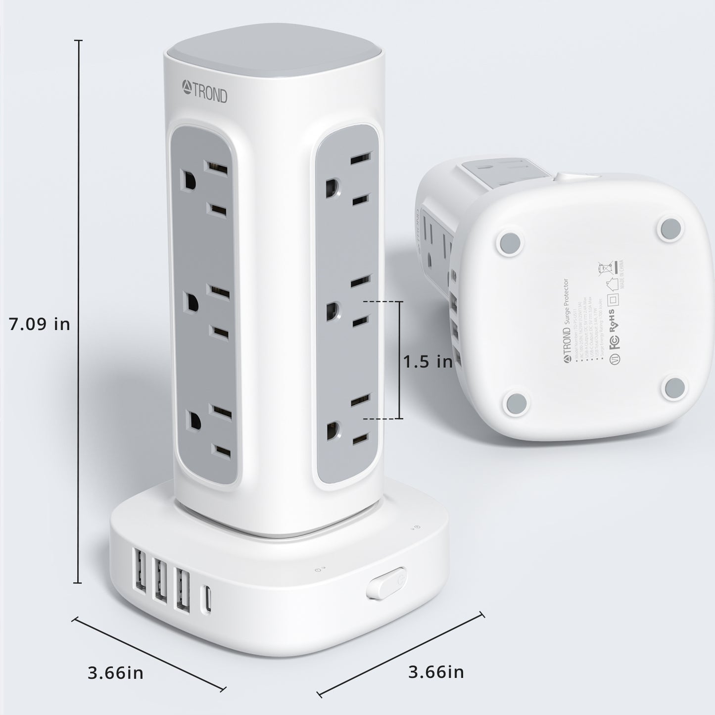 Power Strip Surge Protector Tower, Flat Plug Extension Cord with 12 Multiple Outlets