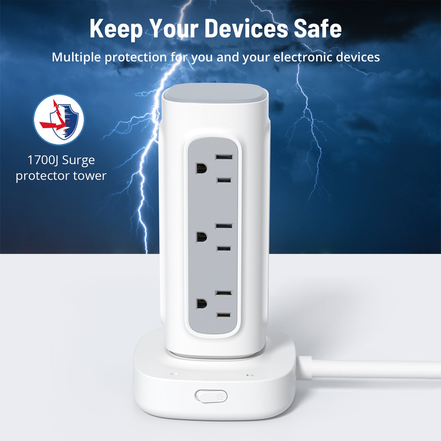 Power Strip Surge Protector Tower, Flat Plug Extension Cord with 12 Multiple Outlets