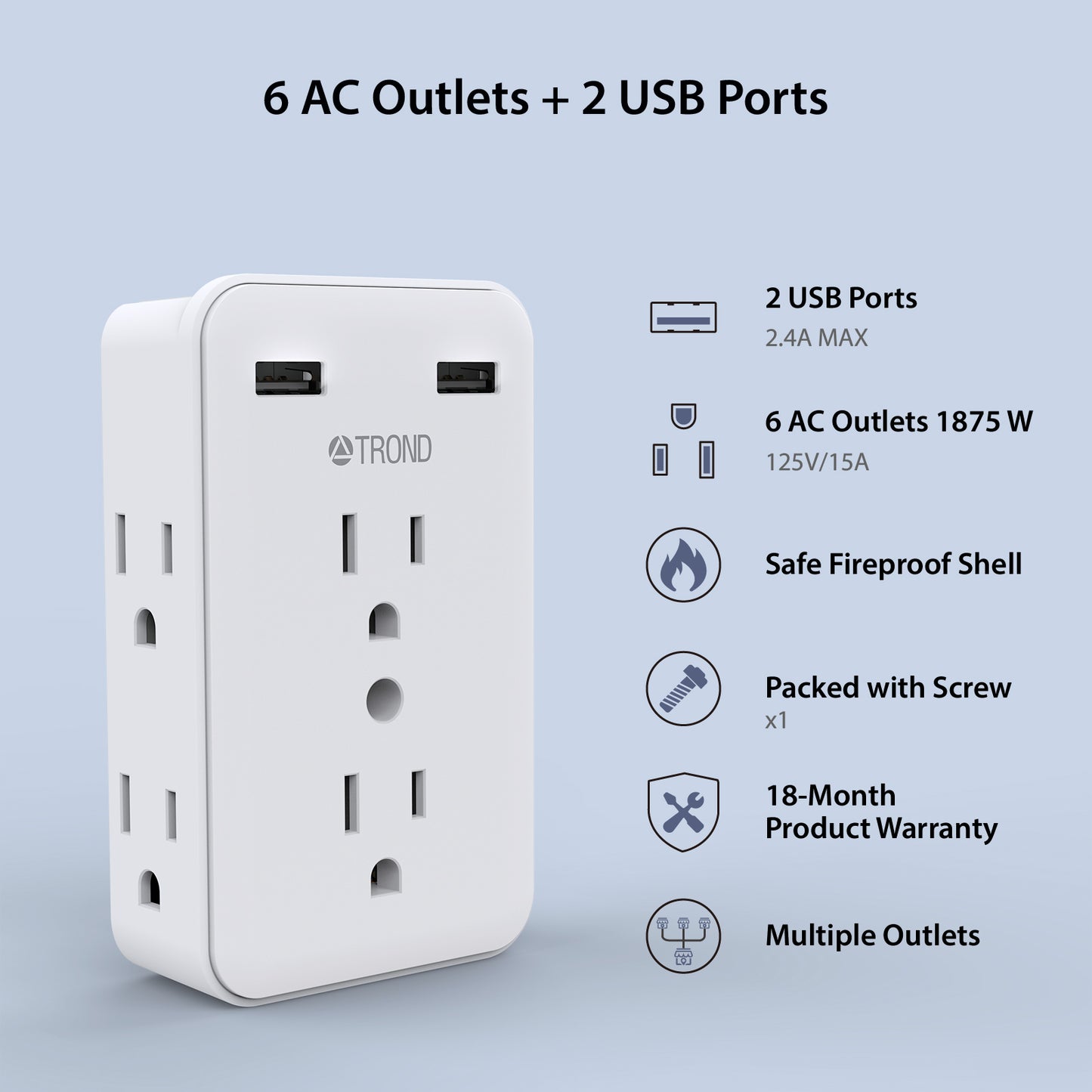 Multi Plug Outlet Extender 6A2U Wall Charger
