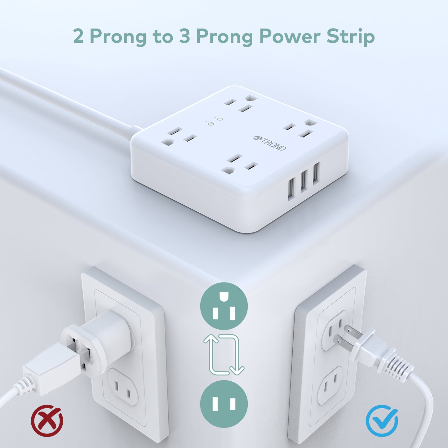 2 Prong Power Strip Surge Protector 5ft Extension Cord