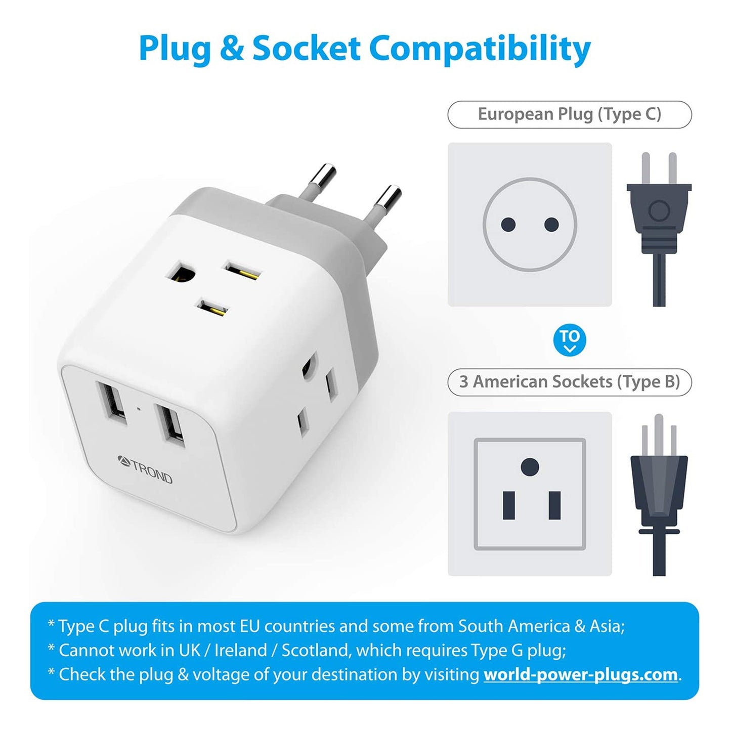 Travel Plug Adapter for US to Europe Type C 2Pack