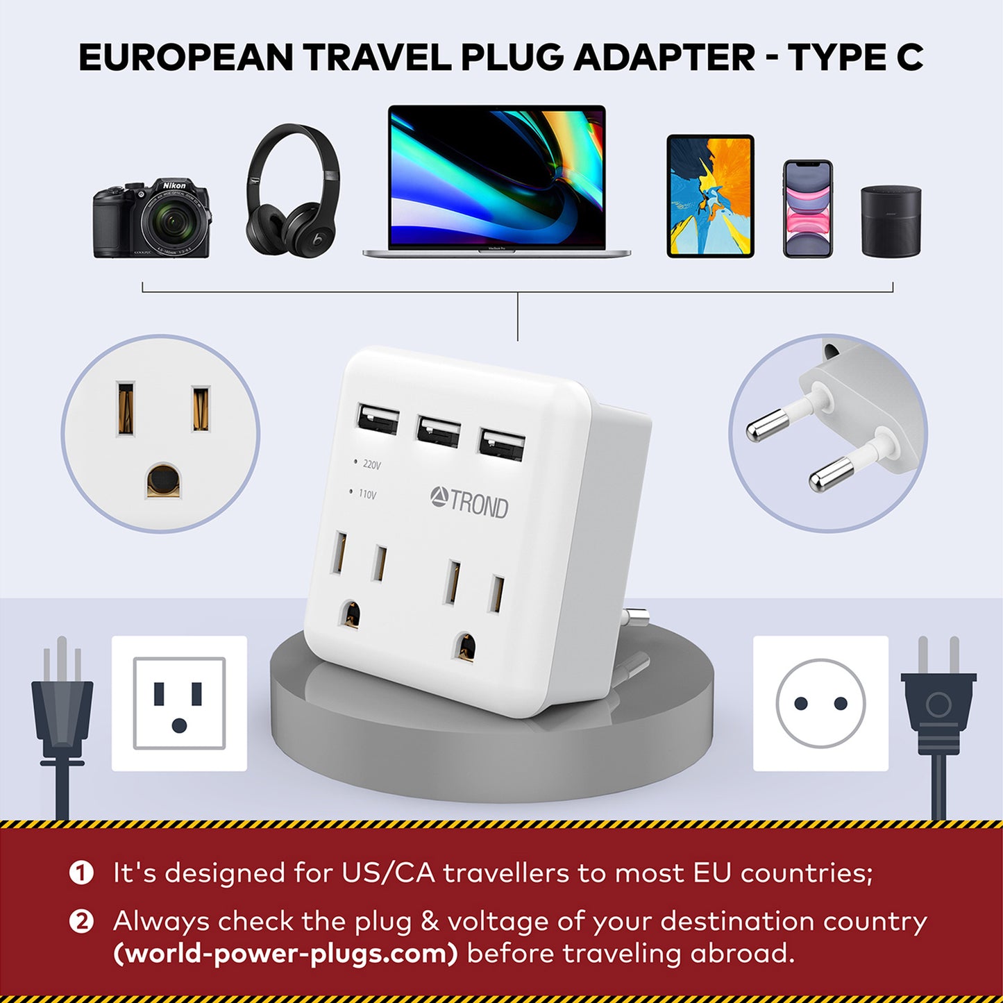 Travel Plug Adapter for US to Europe Type C