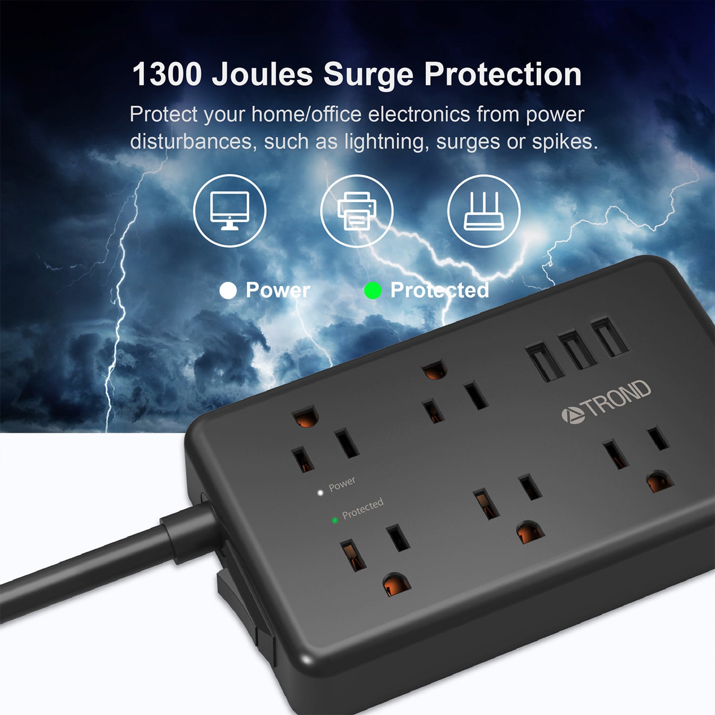 Surge Protector w/ 3 USB Ports, 4ft, 1300J 5/7 Outlet