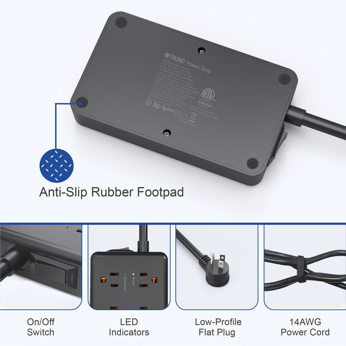 Surge Protector w/ 3 USB Ports, 4ft, 1300J 5/7 Outlet