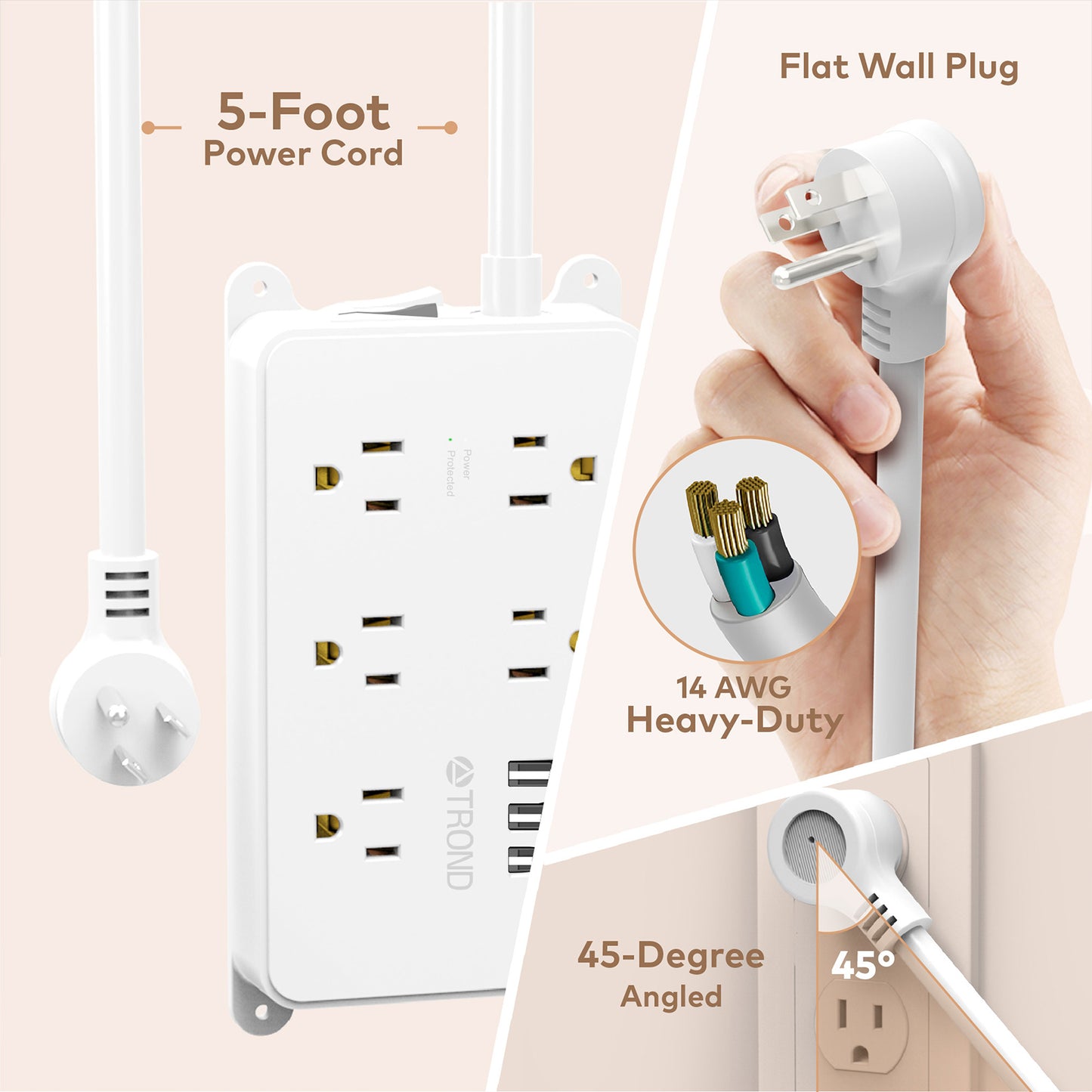 5-Outlet Surge Protector w/ 3 USB Ports, 1300J White
