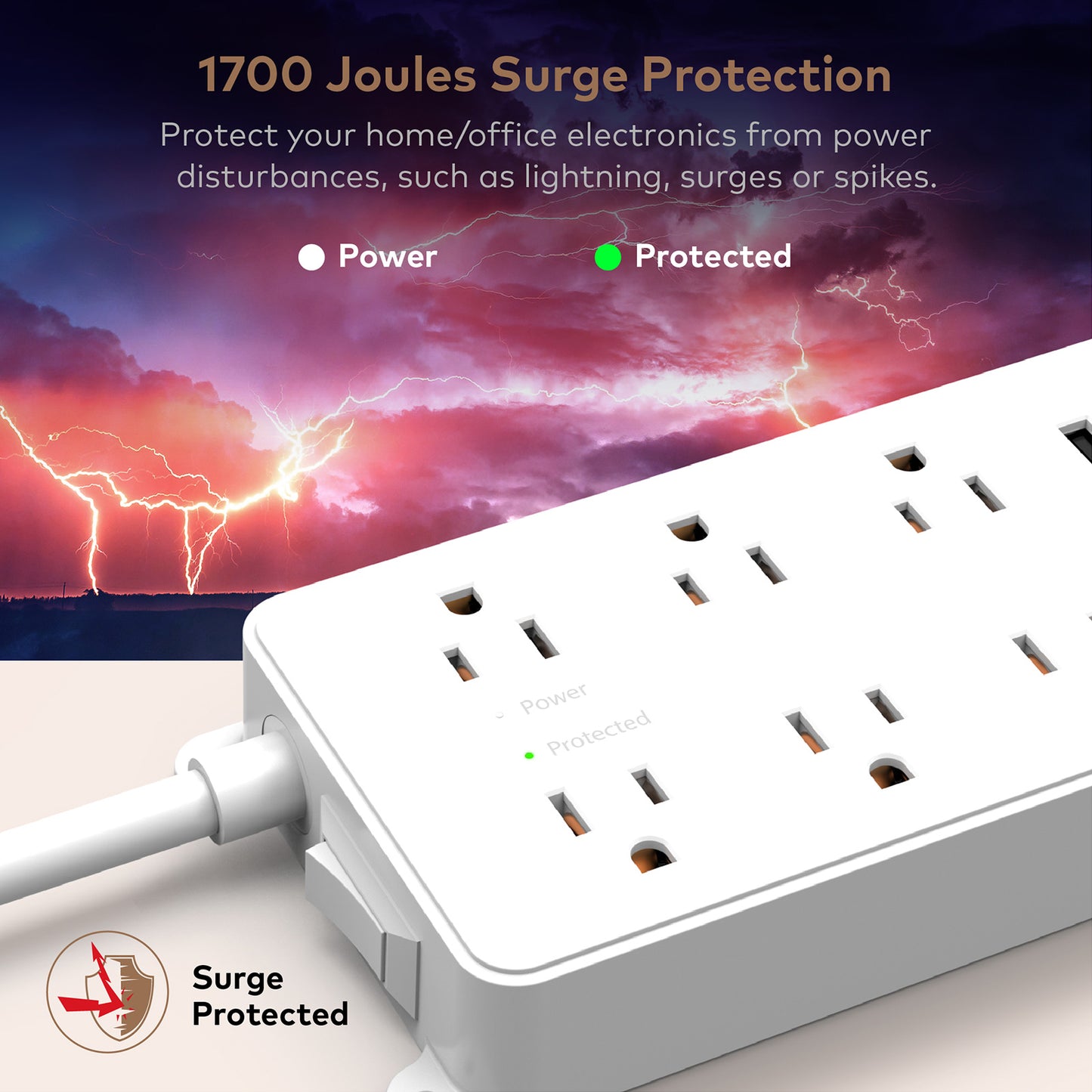 7-Outlet Surge Protector w/ 3 USB Ports, 1700J