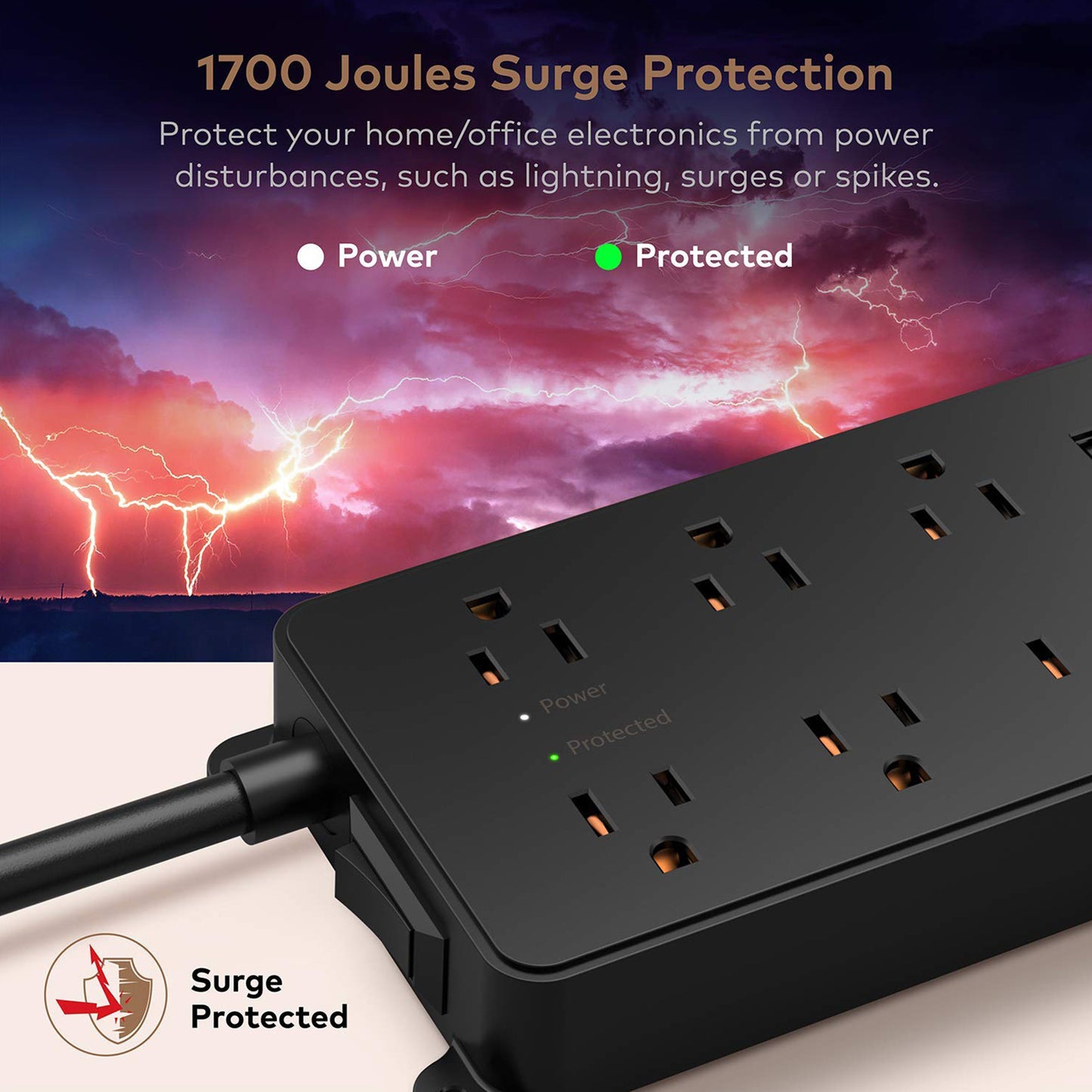 7-Outlet Surge Protector w/ 3 USB Ports, 1700J