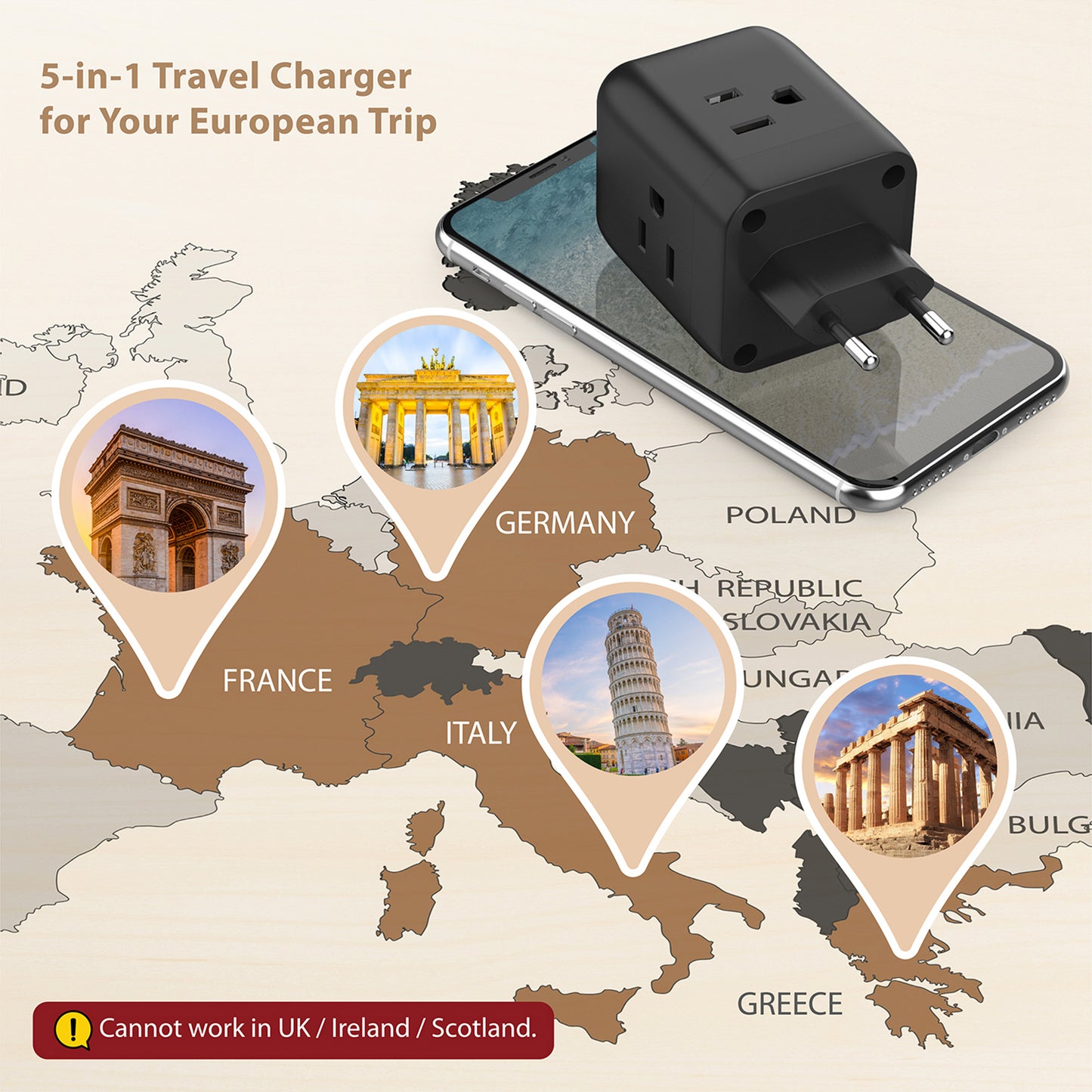 Travel Plug Adapter for US to Europe Type C