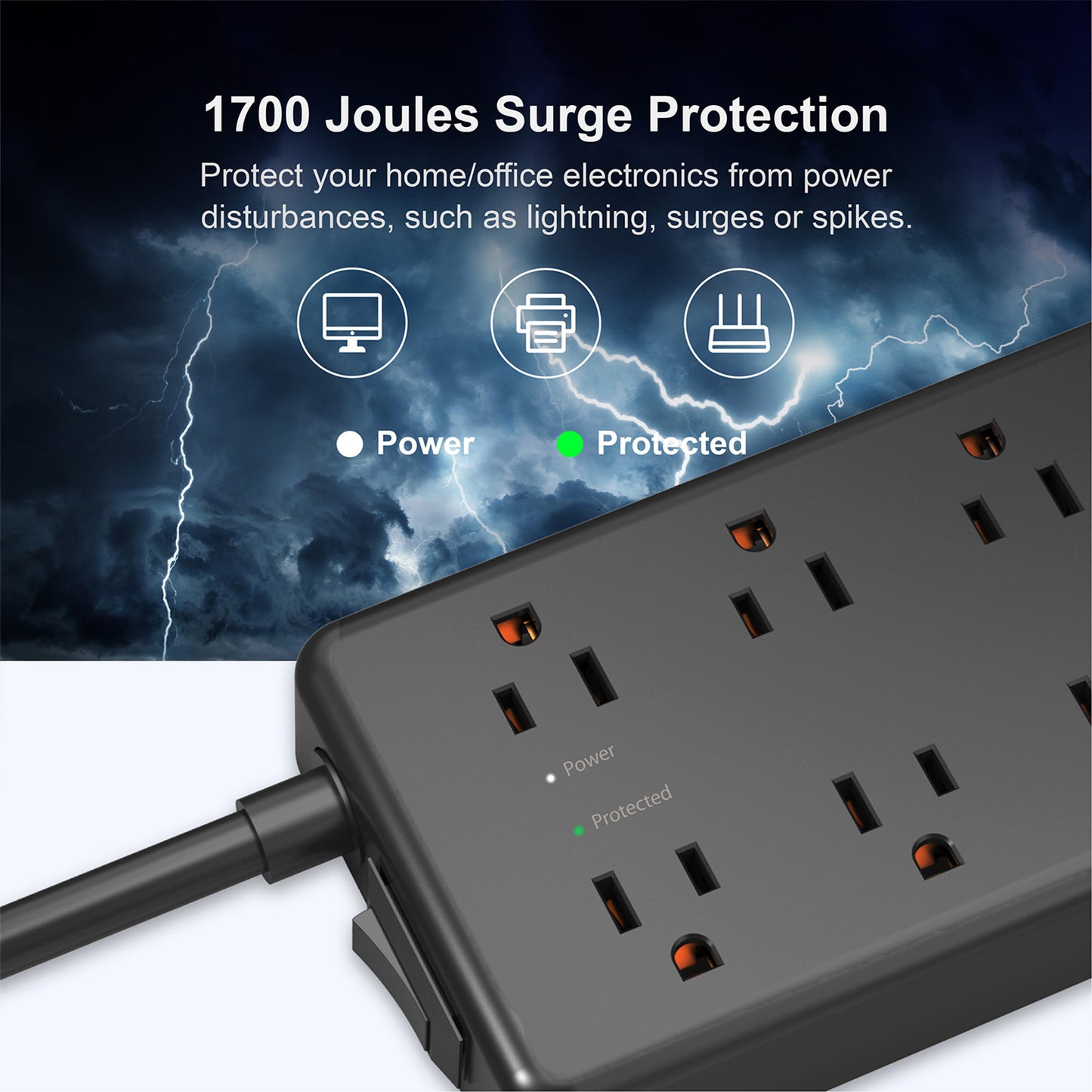 Surge Protector w/ 3 USB Ports, 4ft, 1300J 5/7 Outlet